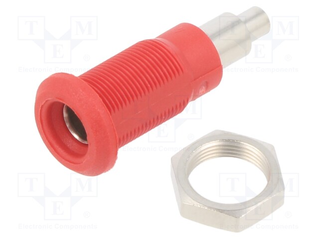 Socket; 4mm banana; 25A; 30VAC; 60VDC; red; nickel plated; on panel