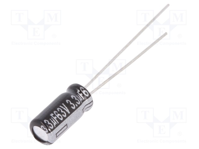 Capacitor: electrolytic; THT; 3.3uF; 63VDC; Ø5x11mm; Pitch: 2mm