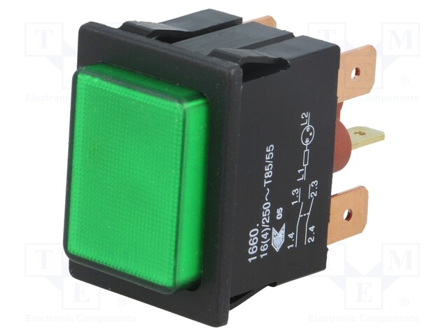 Switch: push-button; Pos: 2; DPST; 16A/250VAC; green; green; IP40