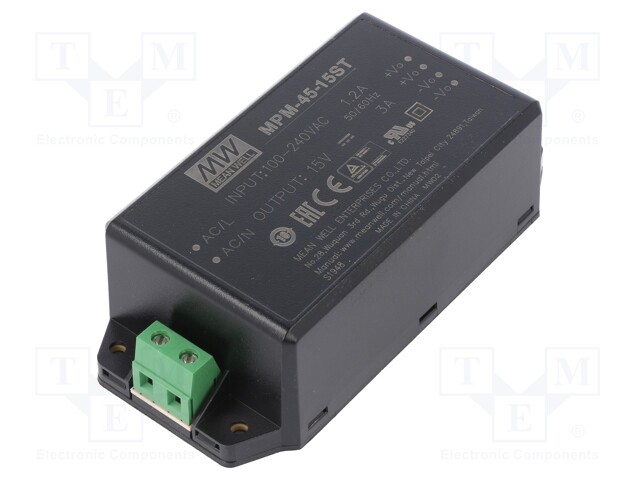 Power supply: switched-mode; modular; 45W; 15VDC; 109x52x33.5mm