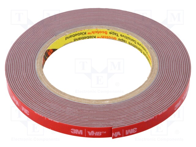 Tape: fixing; W: 9mm; L: 5.5m; Thk: 1.1mm; acrylic; grey; Tmax: 121°C