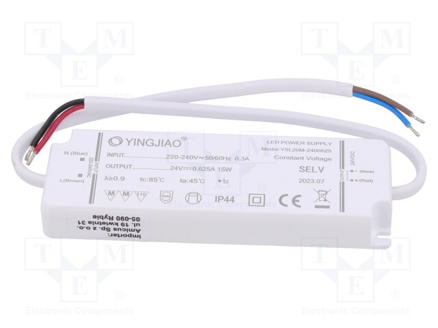 Power supply: switched-mode; LED; 15W; 24VDC; 625mA; 220÷240VAC