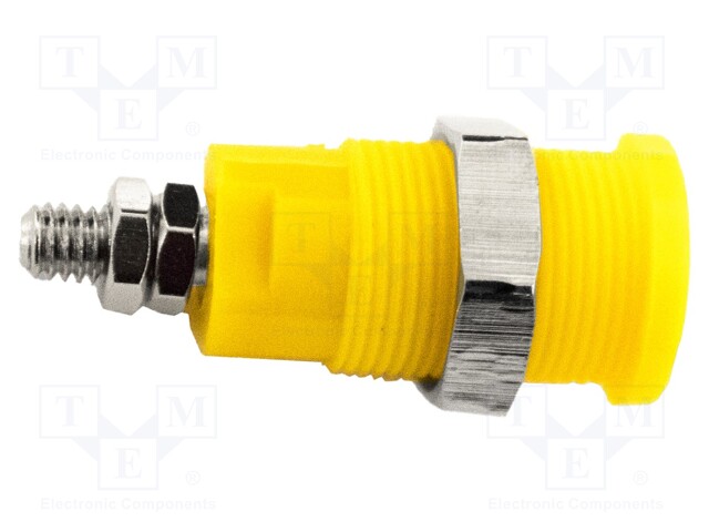 4mm banana; 36A; 1kV; yellow; nickel plated; on panel,screw; brass