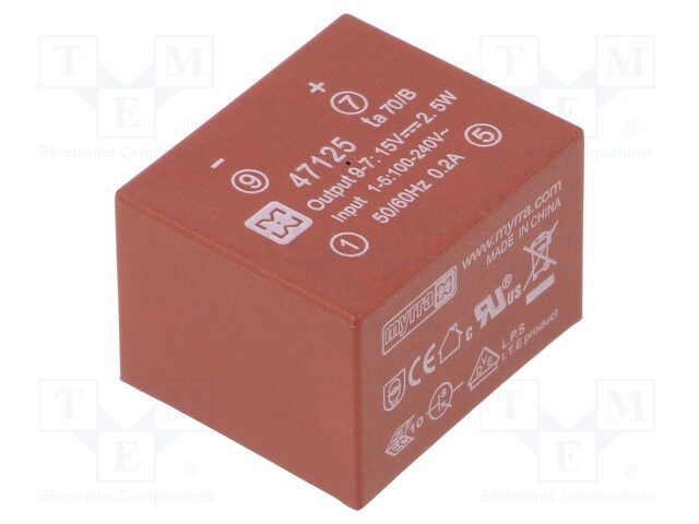 Converter: AC/DC; 2.5W; Uout: 15VDC; Iout: 170mA; 75%; Mounting: PCB