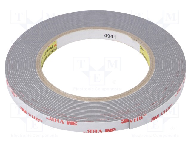 Tape: fixing; W: 9mm; L: 5.5m; Thk: 1.1mm; acrylic; grey; Tmax: 149°C