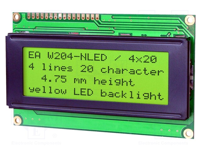 Display: LCD; alphanumeric; STN Positive; 20x4; yellow-green; LED