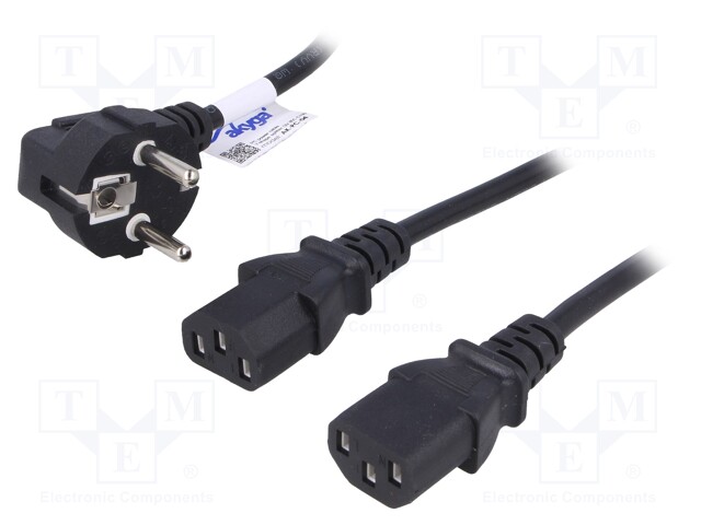 Cable; CEE 7/7 (E/F) plug angled,IEC C13 female x2; 1.15m; PVC