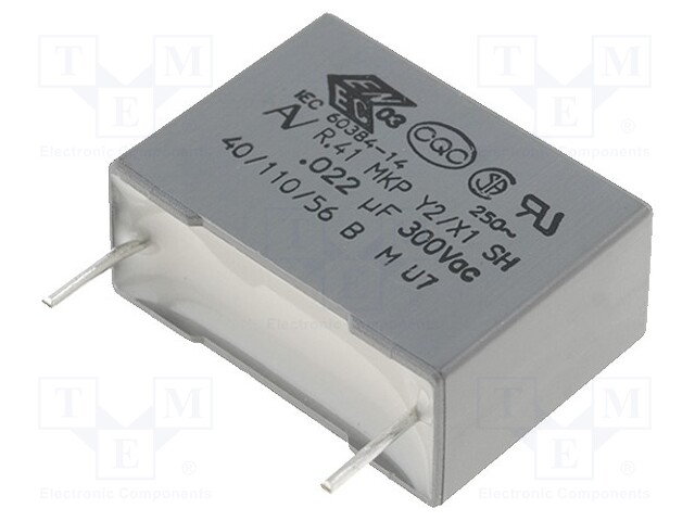 Capacitor: polypropylene; X1,Y2; 22nF; 15mm; ±20%; 7.5x13.5x18mm