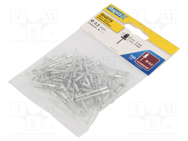 Rivet; aluminium; Rivet diam: 3.2mm; L.rivet: 8mm; 100pcs.