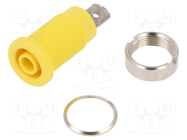 Socket; 4mm banana; 24A; yellow; nickel plated; screw,on panel