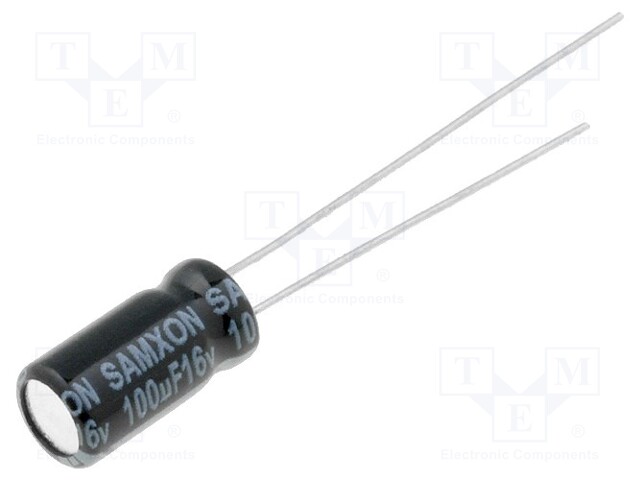 Capacitor: electrolytic; THT; 100uF; 16VDC; Ø5x11mm; Pitch: 2mm