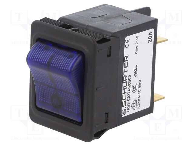 Circuit breaker; Urated: 240VAC; 60VDC; 20A; DPST; Poles: 2; SNAP-IN