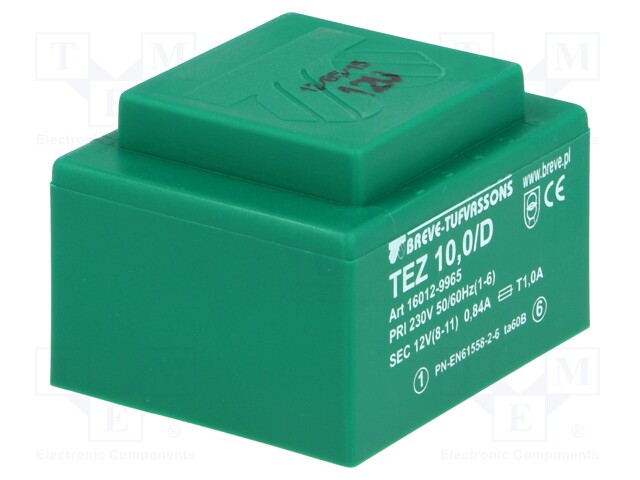 Transformer: encapsulated; 10VA; 230VAC; 12V; 833.3mA; IP00; 280g