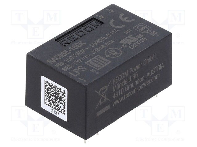 Converter: AC/DC; 5W; 90÷264VAC; Usup: 130÷370VDC; Uout: 15VDC; 79%