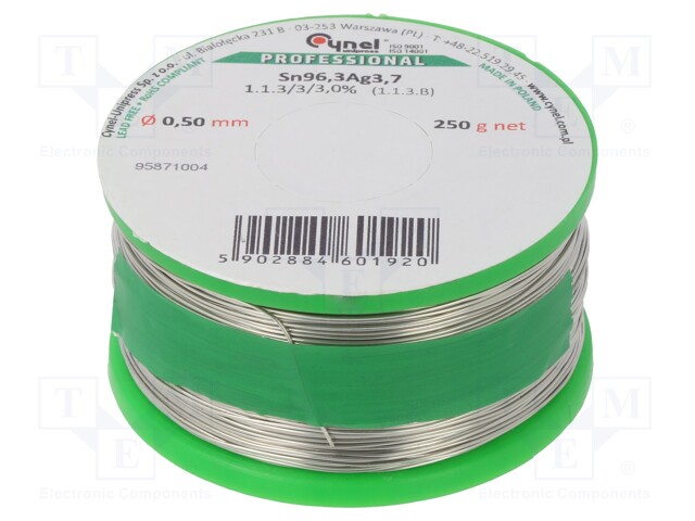 Soldering wire; Sn96,3Ag3,7; 0.5mm; 0.25kg; lead free; 2.5%