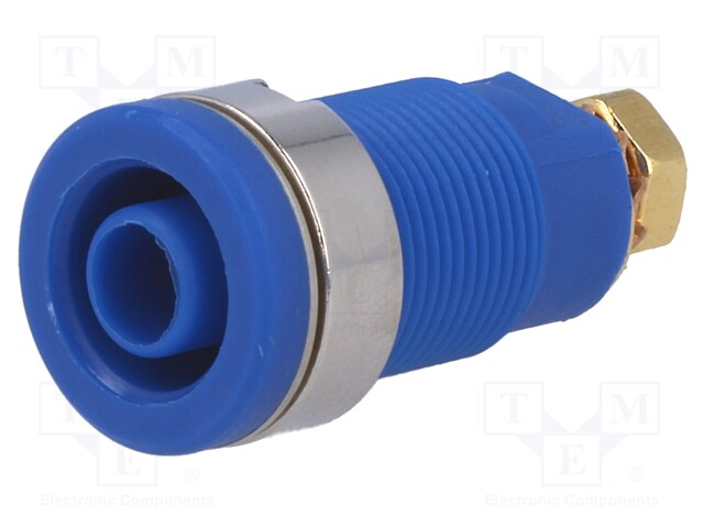 Socket; 4mm banana; 32A; blue; gold-plated; screw,on panel; 32mm