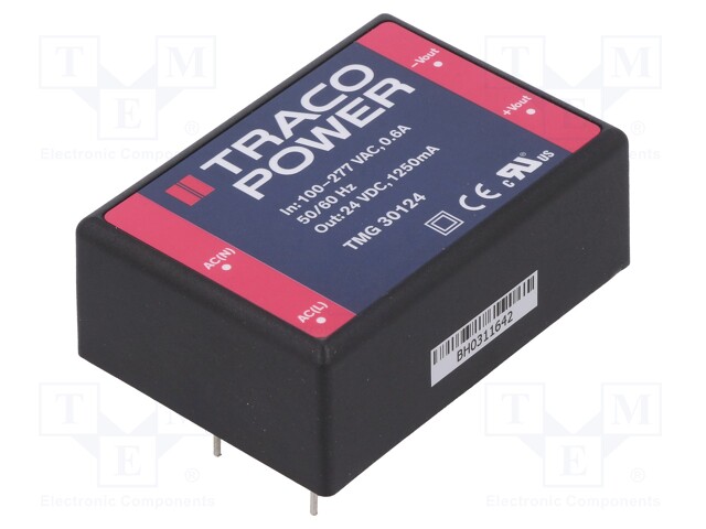 Converter: AC/DC; 30W; Uout: 24VDC; Iout: 1250mA; 86%; Mounting: PCB