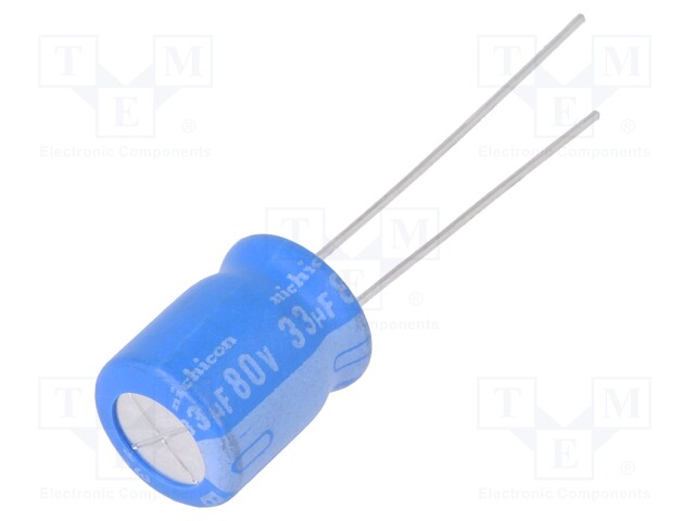 Capacitor: electrolytic; THT; 33uF; 80VDC; Ø10x12.5mm; Pitch: 5mm