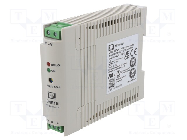 AC/DC DIN Rail Power Supply (PSU), ITE, 1 Output, 18 W, 24 VDC, 750 mA