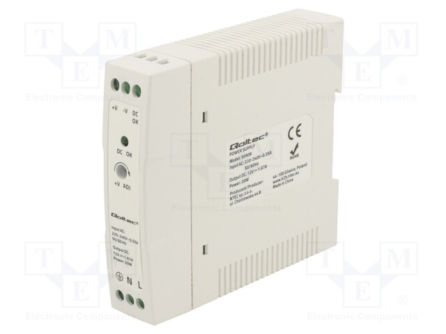 Power supply: switched-mode; 20W; 12VDC; 1.67A; 220÷240VAC; DIN