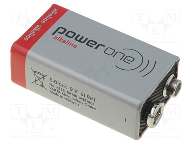 Battery: alkaline; 9V; 6F22; Power One; 25.5x47.5x16.5mm; 550mAh