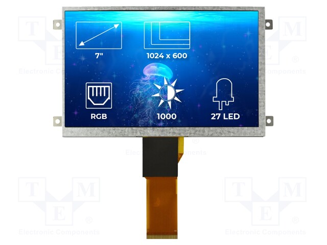 Display: TFT; 7"; 1024x600; Illumin: LED; Dim: 165.6x100.6x5.73mm