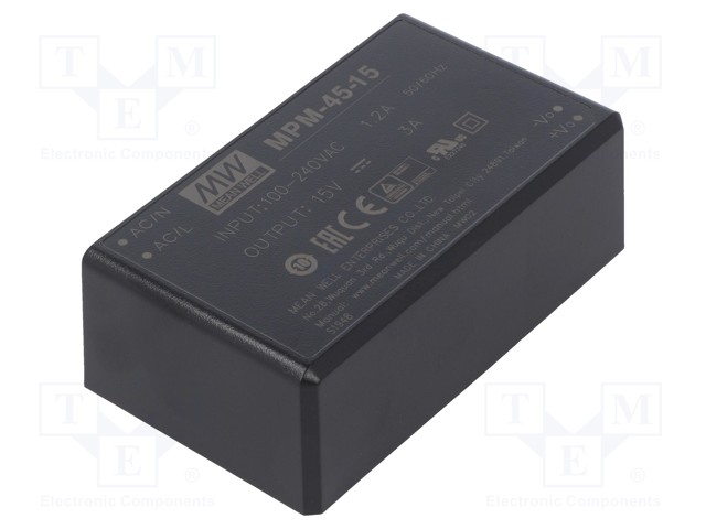 Power supply: switched-mode; modular; 45W; 15VDC; 87x52x29.5mm; 3A