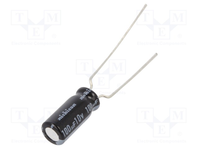 Capacitor: electrolytic; THT; 100uF; 10VDC; Ø5x11mm; Pitch: 2mm