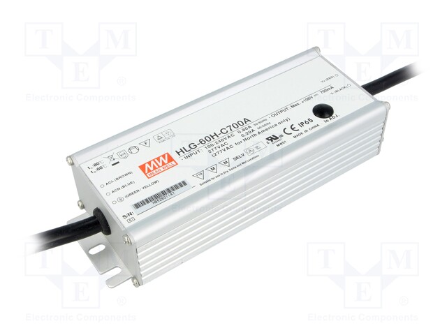 Power supply: switched-mode; LED; 70W; 50÷100VDC; 420÷700mA; IP65