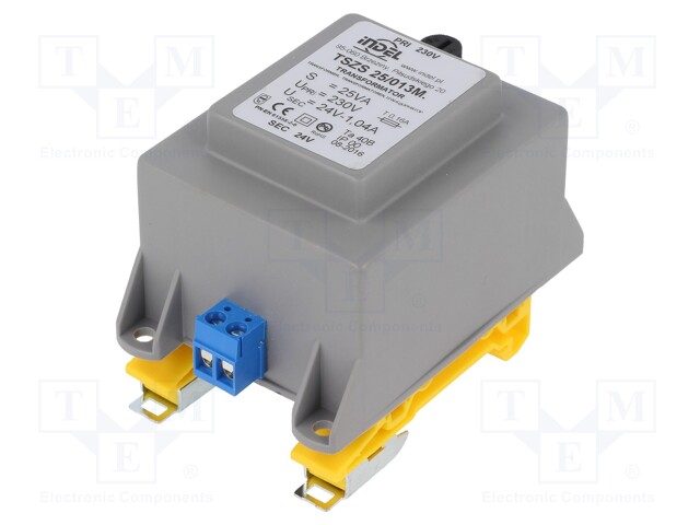 Transformer: encapsulated; 25VA; 230VAC; 24V; 1.04A; Mounting: DIN