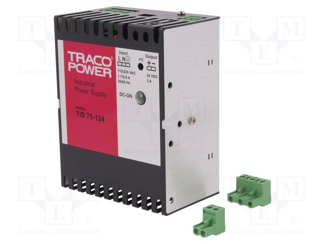 Power supply: switched-mode; for DIN rail; 75W; 24VDC; 3A; IP20