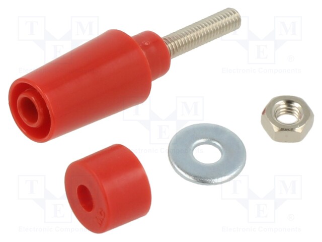 Socket; 4mm banana; 32A; 1kV; red; nickel plated; insulated