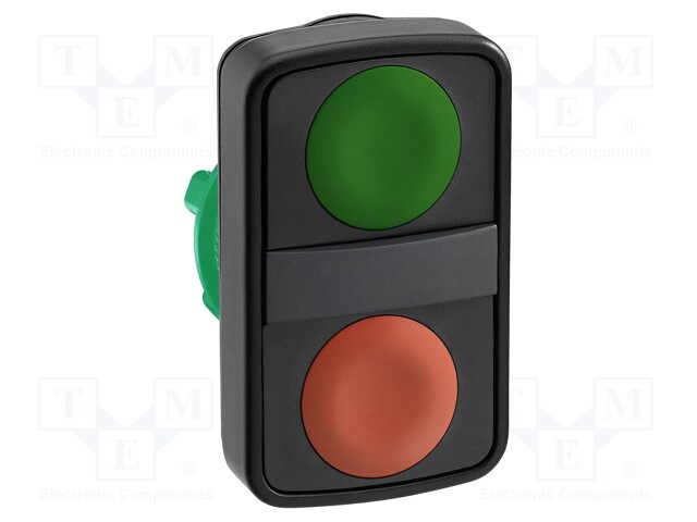 Switch: double; Stabl.pos: 1; 22mm; green/red; Illumin: none; IP66