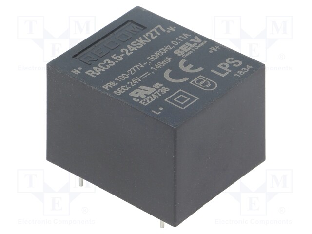 Converter: AC/DC; 3.5W; Uout: 24VDC; Iout: 146mA; 84%; Mounting: PCB