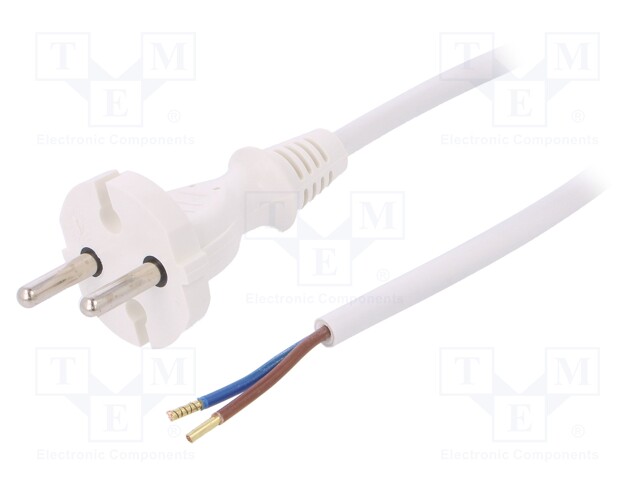 Cable; CEE 7/17 (C) plug,wires; 3m; white; PVC; 2x1mm2; 16A; 250V