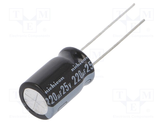 Capacitor: electrolytic; THT; 220uF; 25VDC; Ø10x16mm; Pitch: 5mm