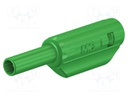 Plug; 2mm banana; 10A; 600V; green; gold-plated; 36mm; 0.5mm2