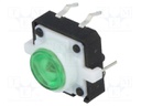 Microswitch TACT; SPST-NO; Pos: 2; 0.05A/12VDC; THT; LED; green
