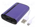 Re-battery: powerbank; 7800mAh; 2.1A; Out: USB; Colour: violet; 5VDC
