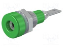 Socket; 2mm banana; 10A; 23mm; green; Mounting: soldered,on panel