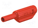 Plug; 2mm banana; 10A; 600V; red; Plating: gold-plated; 36mm; 0.5mm2