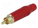 Plug; RCA; male; straight; soldering; red; gold-plated; for cable