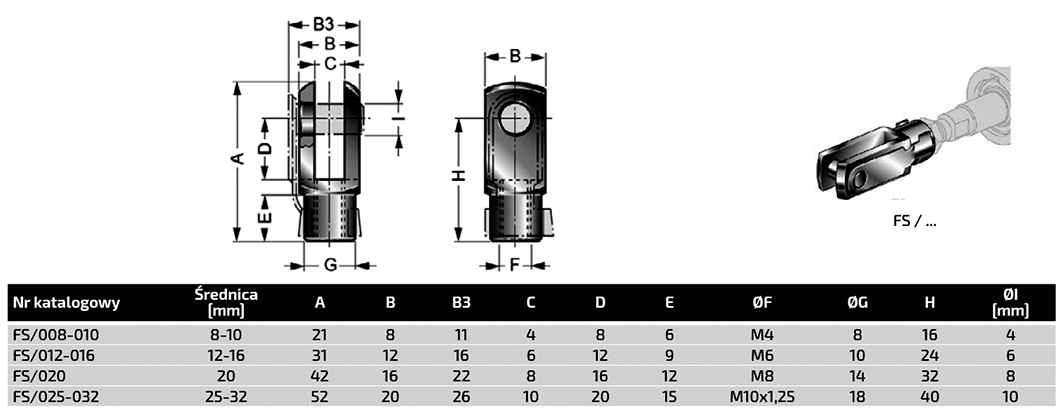 Piston rod clevis; Thread: M6; 12÷16mm; Kit: clip,bolt