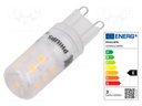 LED lamp; warm white; G9; 230VAC; 300lm; 2.6W; 300°; 2700K