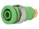 Socket; 4mm banana; 32A; green; gold-plated; screw,on panel; 32mm