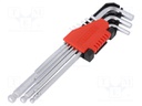 Key set; hexagon keys,spherical; Chrom-vanadium steel; Pcs: 9