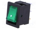 ROCKER; SPST; Pos: 2; OFF-ON; 3A/250VAC; green; neon lamp; 35mΩ