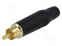 Plug; RCA; male; straight; soldering; black; gold-plated; for cable