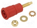 Socket; 4mm banana; 32A; 1kV; red; gold-plated; on panel; insulated